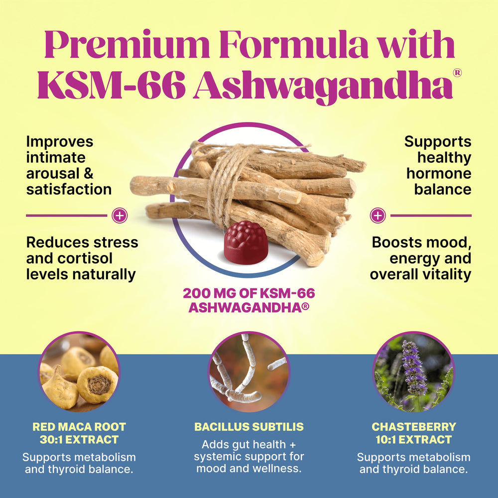 Lifestyle shot of a woman taking a raspberry Libido Booster gummy