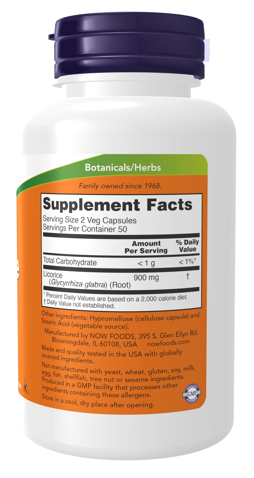 NOW Licorice Root 450 mg bottle – label with Glycyrrhiza glabra