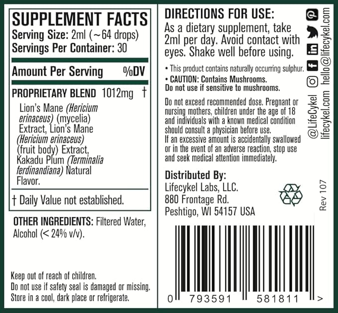 4 oz Life Cykel Lion's Mane tincture with 60 servings