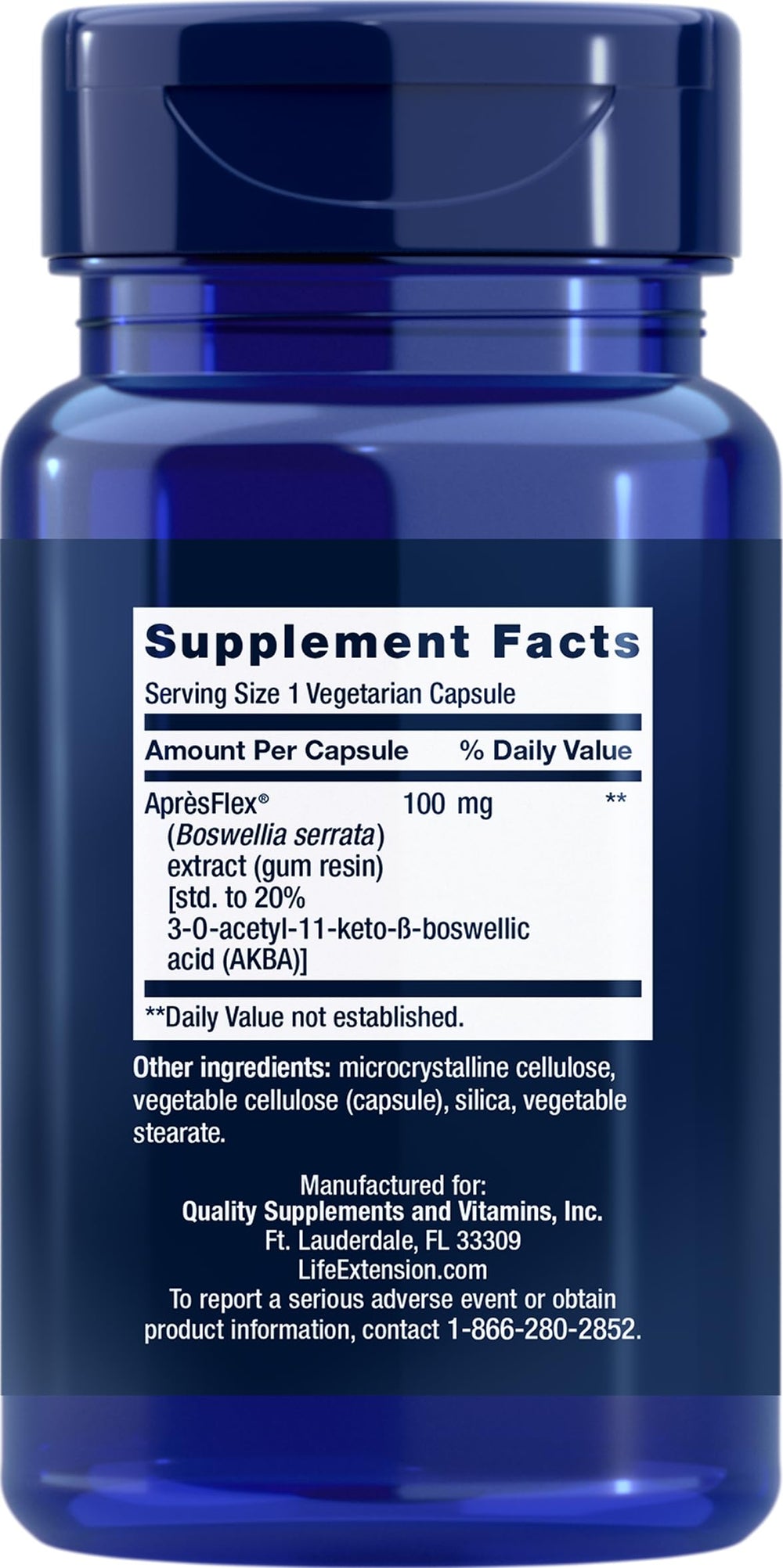 Capsules and bottle label for Life Extension 5-LOX Inhibitor with AprèsFlex 100 mg