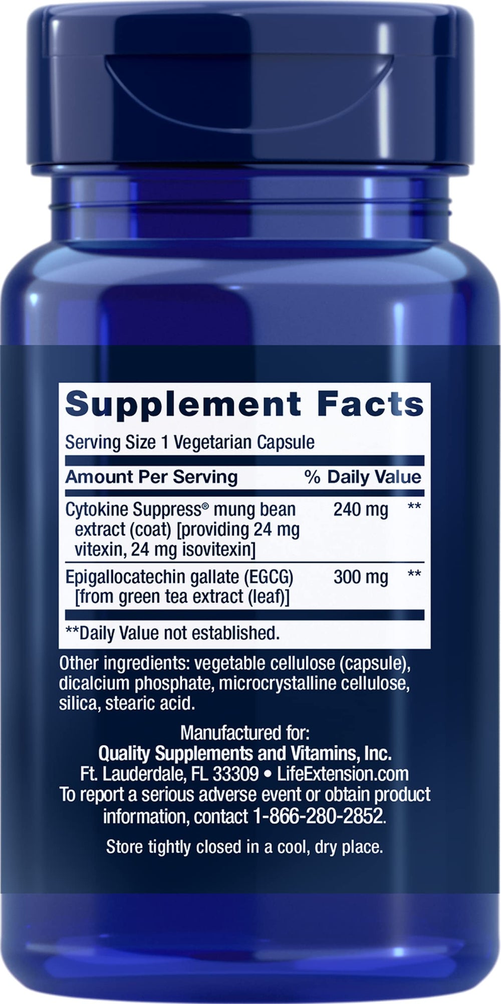 Life Extension Cytokine Suppress with EGCG 30 Vegetarian Capsules Pack of 2 bottle back label close-up