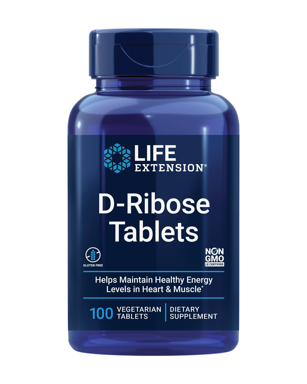 Life Extension D-Ribose Tablets bottle front showing energy support for heart and muscle