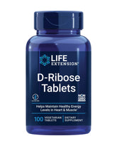 Life Extension D-Ribose Tablets bottle front showing energy support for heart and muscle
