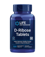 Life Extension D-Ribose Tablets bottle front showing energy support for heart and muscle