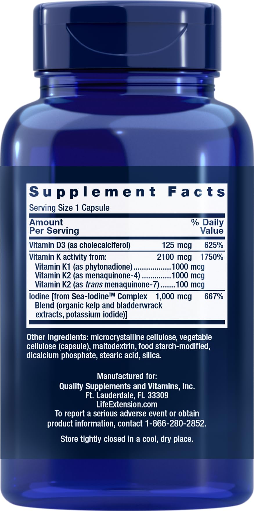 Supplement facts for Life Extension D and K with Sea-Iodine showing 125 mcg D3, 2100 mcg K, 1000 mcg iodine per capsule