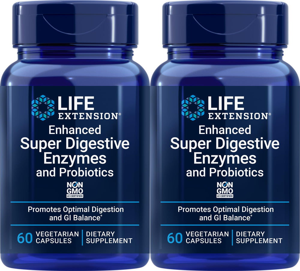 Life Extension Enhanced Super Digestive Enzymes bottle shows capsules for gut balance and plant-based digestion support.