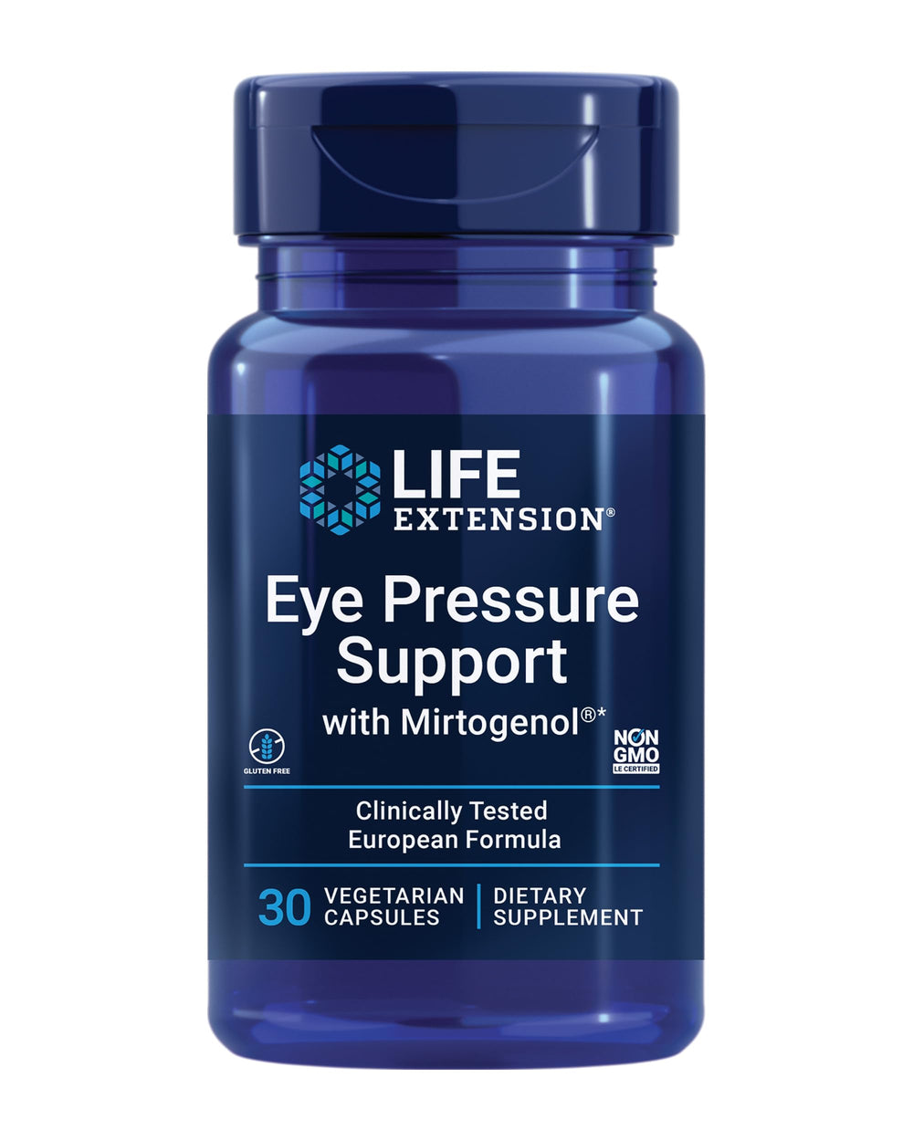 Life Extension Eye Pressure Support with Mirtogenol bottle on white background