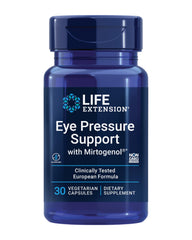 Life Extension Eye Pressure Support with Mirtogenol bottle on white background