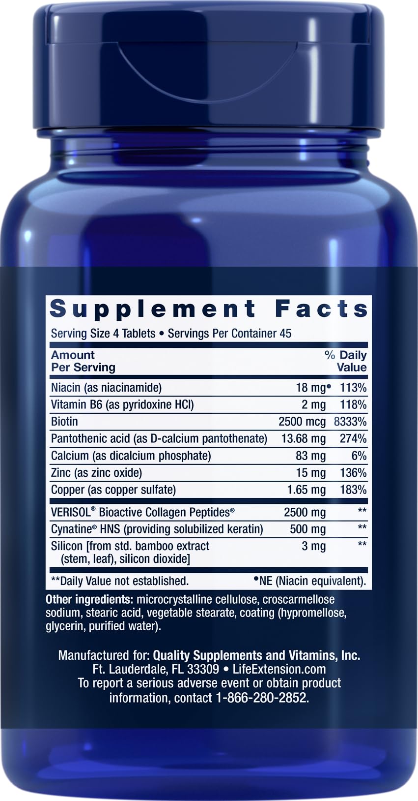Close-up of Life Extension Hair, Skin & Nails Collagen Plus Formula tablets