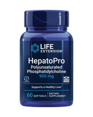 Life Extension HepatoPro softgels bottle highlights 900 mg PPC for liver support and membrane health.