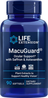 Front view of Life Extension MacuGuard Ocular Support 90 softgels bottle with saffron and astaxanthin