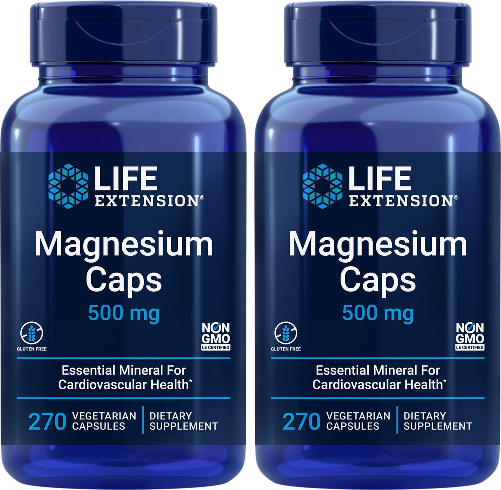 Front view of Life Extension Magnesium Caps 500mg pack (Pack of 2)