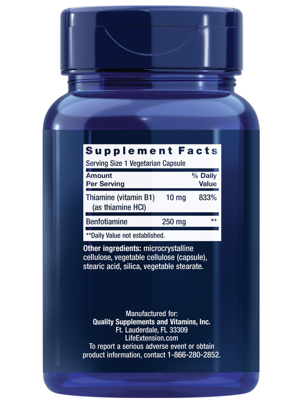 Back view of Life Extension Mega Benfotiamine bottle showing nutrition facts
