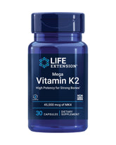 Front view of Life Extension Mega Vitamin K2 bottle with 30 gluten-free capsules