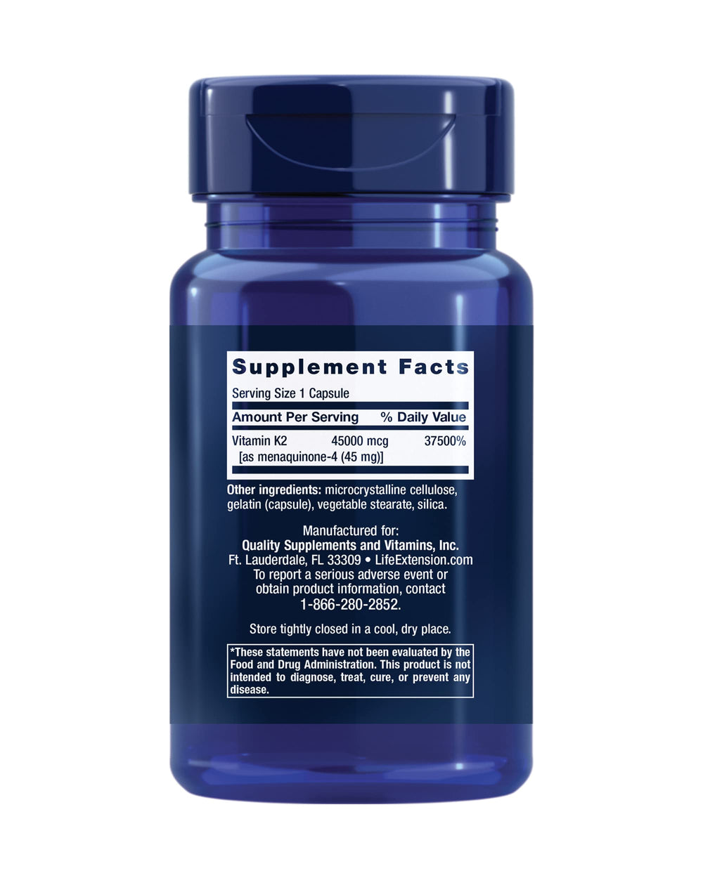 Label showing 45,000 mcg (45 mg) Vitamin K2 dosage on Life Extension bottle