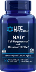 Bottle of Life Extension NAD+ Cell Regenerator and Resveratrol Elite 90 Veg Caps