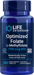 Product label showing Life Extension Optimized Folate 1700 mcg DFE with 180 vegetarian tablets