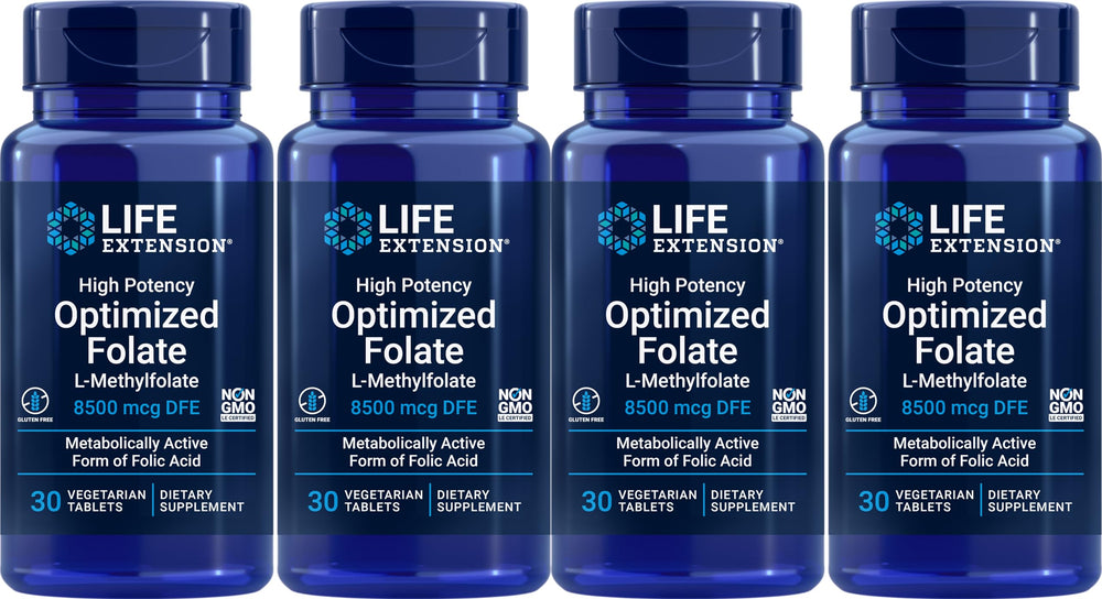 Life Extension High Potency Optimized Folate 8500 mcg DFE bottle with 30 vegetarian tablets
