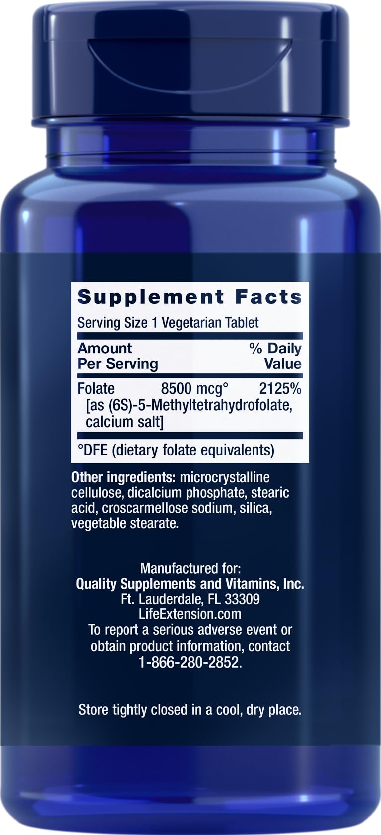 Close-up of Life Extension folate product label showing 8500 mcg DFE pack of 4
