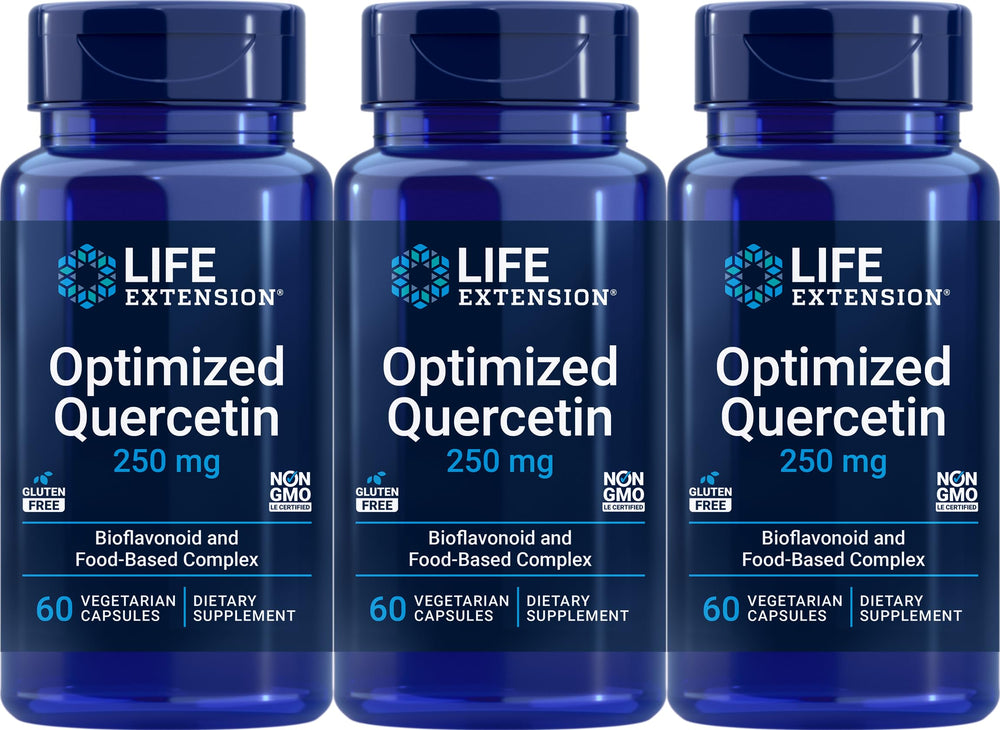 Bottle of Life Extension Optimized Quercetin Capsules with 60 vegetarian capsules per bottle, pack of 3