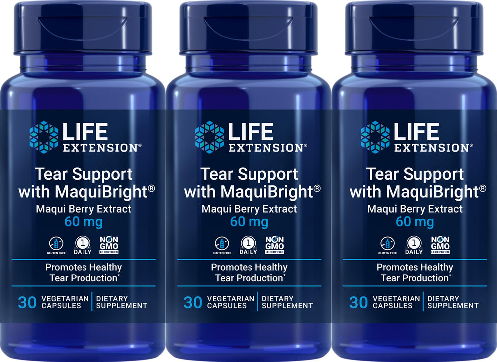 Life Extension Tear Support MaquiBright 60 mg bottle shown for eye comfort during long computer use.