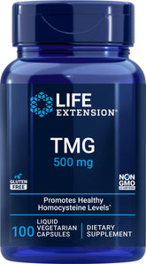 Front view of Life Extension TMG 500mg bottle