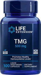 Front view of Life Extension TMG 500mg bottle