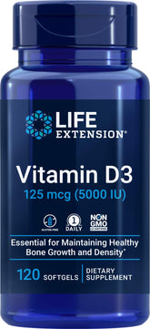 Life Extension Vitamin D3 5000 IU bottle label showing 125 mcg per softgel