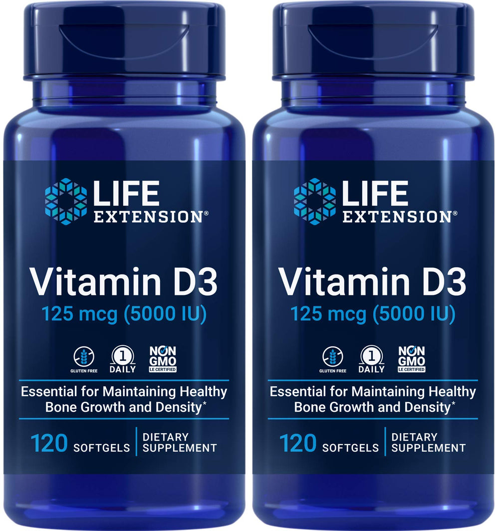 Front view of Life Extension Vitamin D3 5000 IU 120 softgels pack of 2