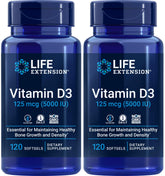 Front view of Life Extension Vitamin D3 5000 IU 120 softgels pack of 2