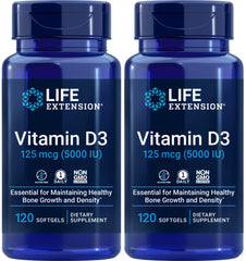 Front view of Life Extension Vitamin D3 5000 IU 120 softgels pack of 2