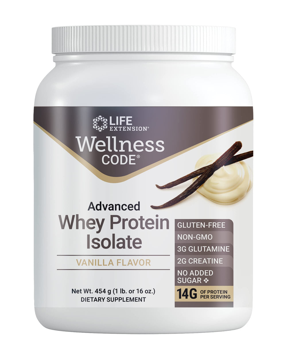 Life Extension Wellness Code Advanced Whey Isolate vanilla tub showing protein powder for lean muscle support.