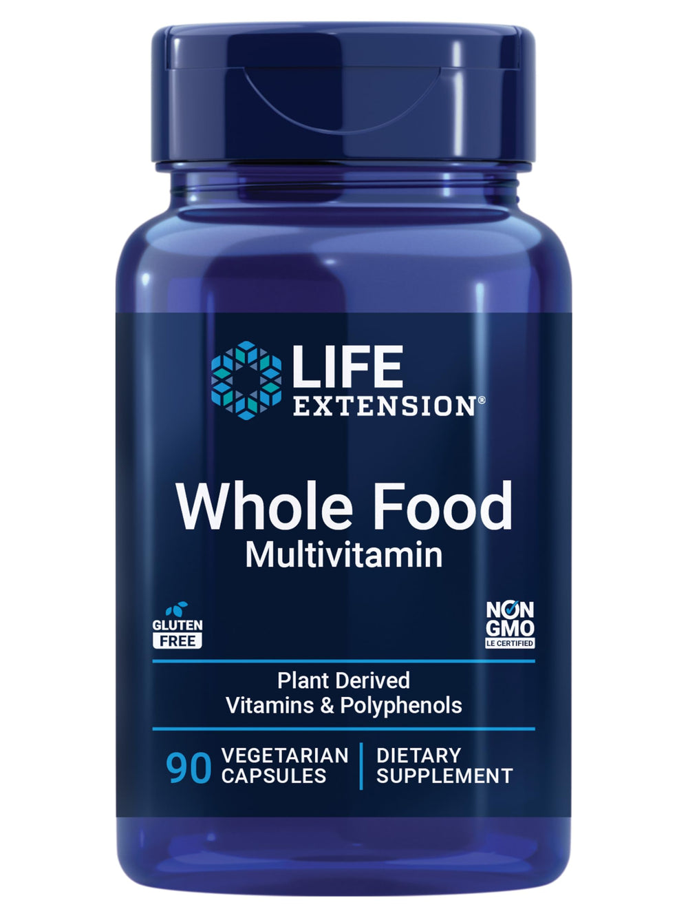 Front view of Life Extension Whole Food Multivitamin bottle with 90 capsules