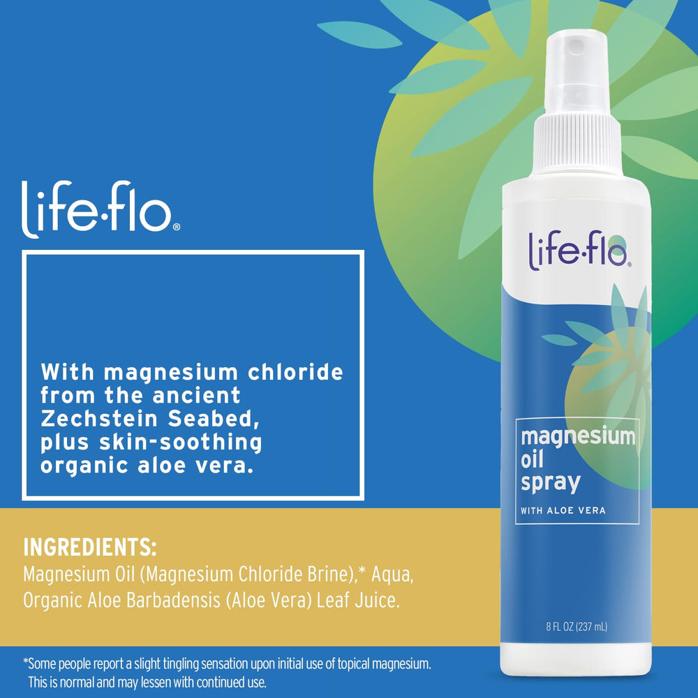 Close-up of Life-flo Magnesium Oil Spray bottle label