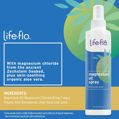 Close-up of Life-flo Magnesium Oil Spray bottle label
