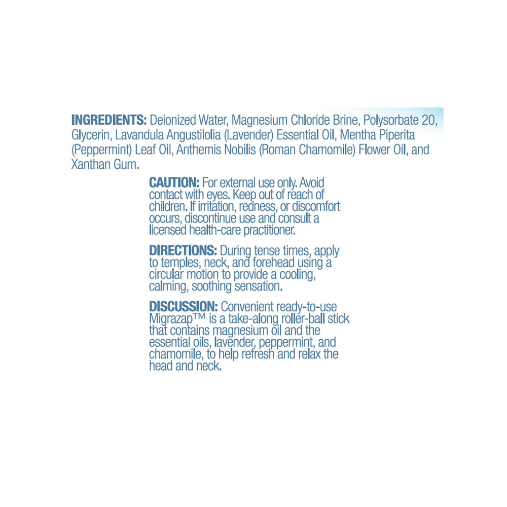 Back label and packaging of Life-flo Migrazap Magnesium Roll-On 0.24 fl oz