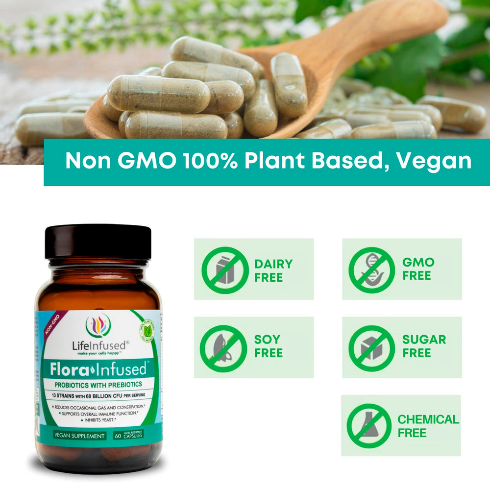 Nutrition facts and vegan certification for Life Infused Flora Probiotics