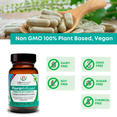 Nutrition facts and vegan certification for Life Infused Flora Probiotics