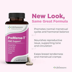 Front label of Premense-T bottle highlighting Ginger, Dong Quai, Crampbark and Vitamin B6