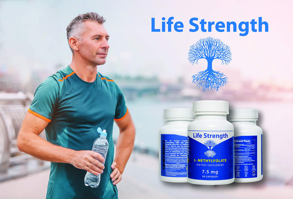 LifeStrength L-Methylfolate 7.5 mg bottle on white background with capsules