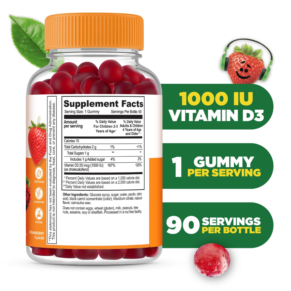 Close-up of Lifeable Kids Vitamin D3 1000 IU gummies with strawberry flavor