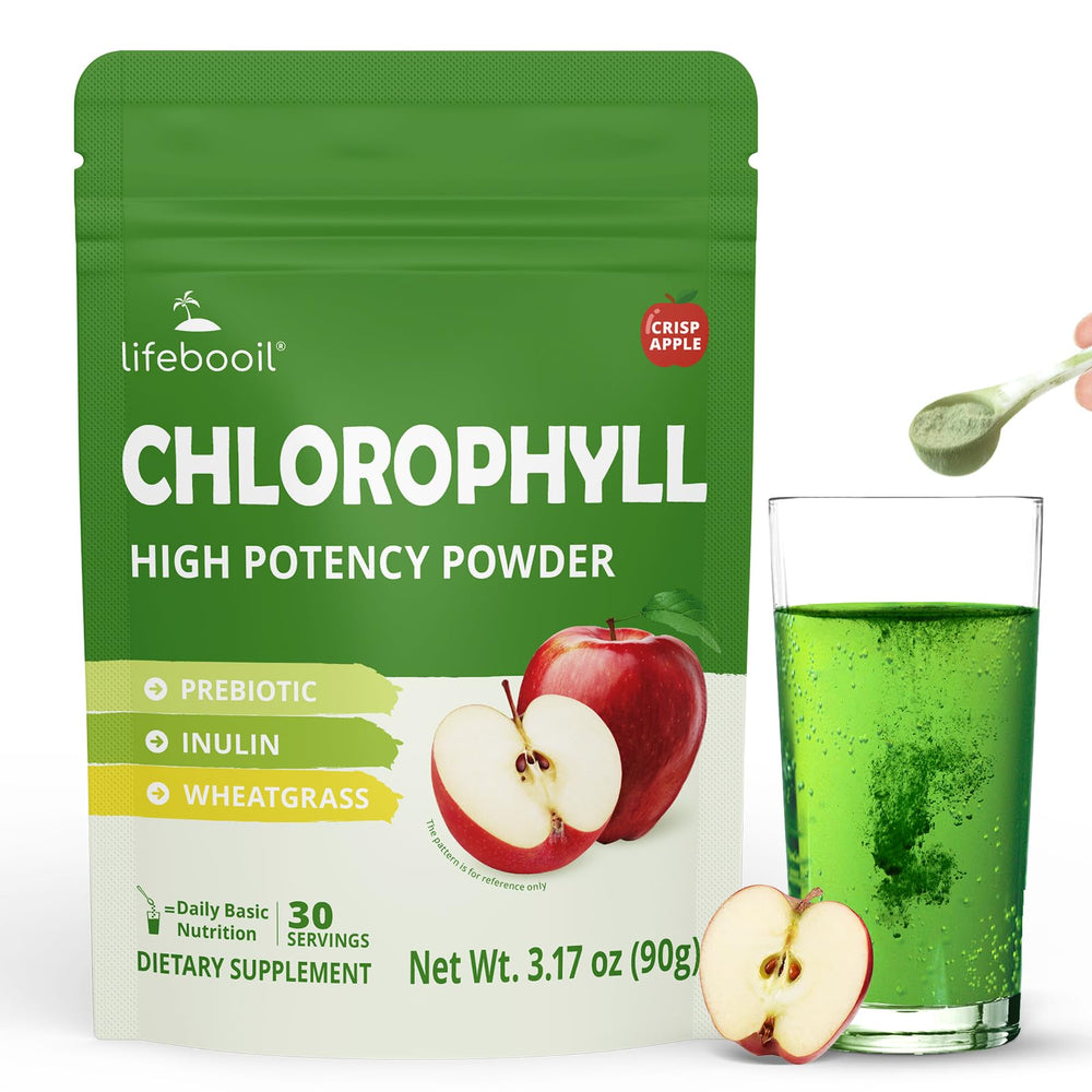 Glass of Lifebooil chlorophyll drink mix with crisp apple flavor