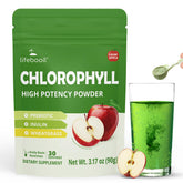 Glass of Lifebooil chlorophyll drink mix with crisp apple flavor