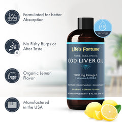 Product labeling showing organic and non-GMO claims for Life's Fortune cod liver oil