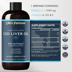 Life's Fortune Cod Liver Oil Lemon label showing organic and non-GMO