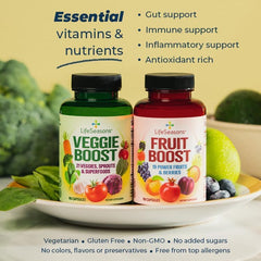 Close-up of 40 fruit and vegetable superfoods blend in Fruit Boost Veggie Boost