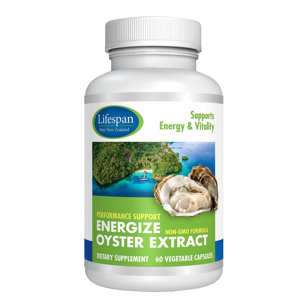 Bottle of Lifespan Pure New Zealand Energize Oyster Extract with label