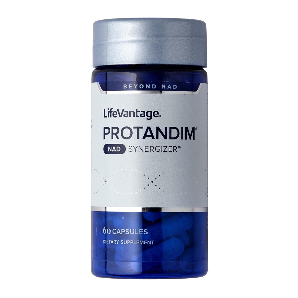 LifeVantage Protandim NAD Synergizer bottle close-up supports daily energy and focus.
