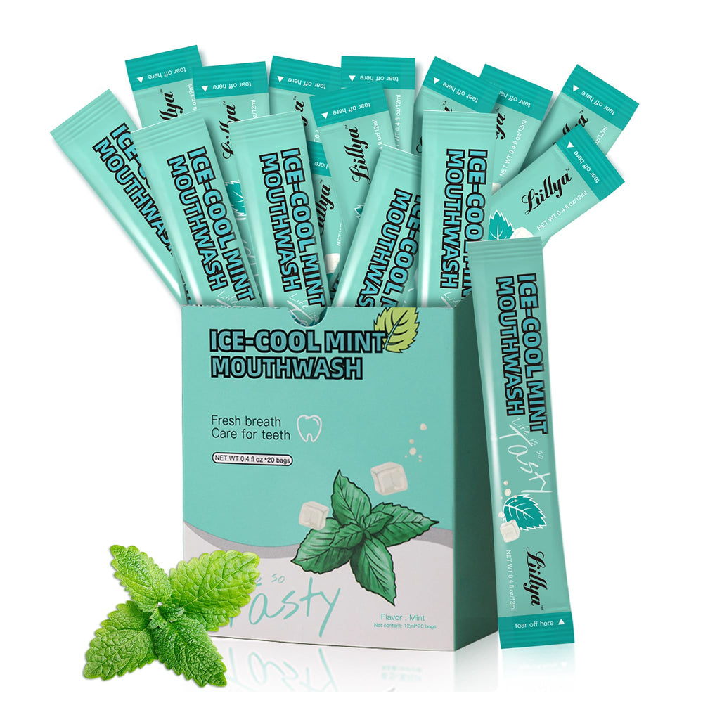Liillya travel-sized mouthwash packets arranged for on-the-go use