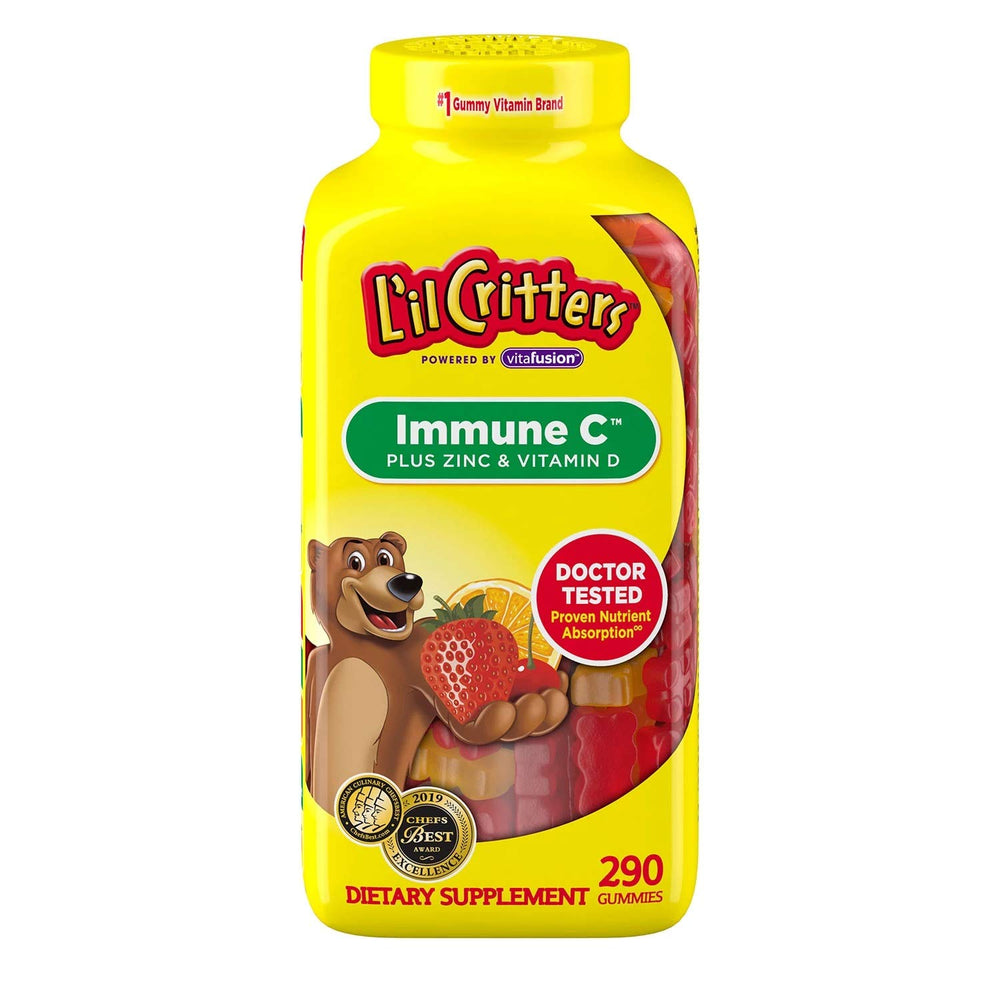Front view of L'il Critter Immune C Plus Zinc & Vitamin D bottle for kids